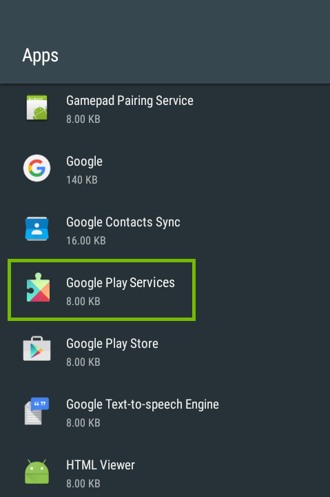 Apps list with Google Play Services highlighted.
