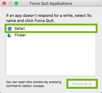 Force Quit window with app and Force Quit button highlighted.
