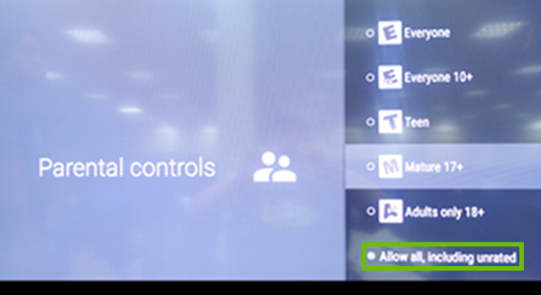 Parental controls with Allow all, including unrated highlighted.