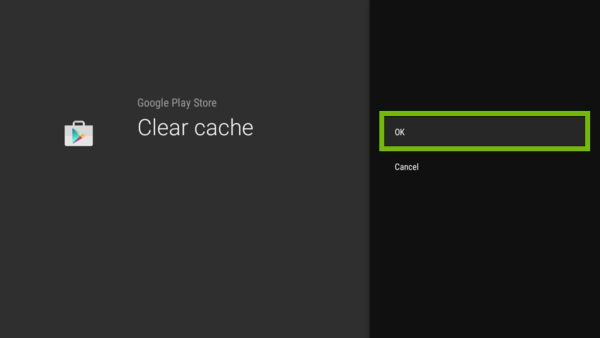 Clear cache prompt with OK highlighted.