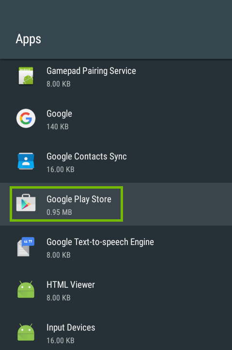 Apps list with Google Play Store highlighted.