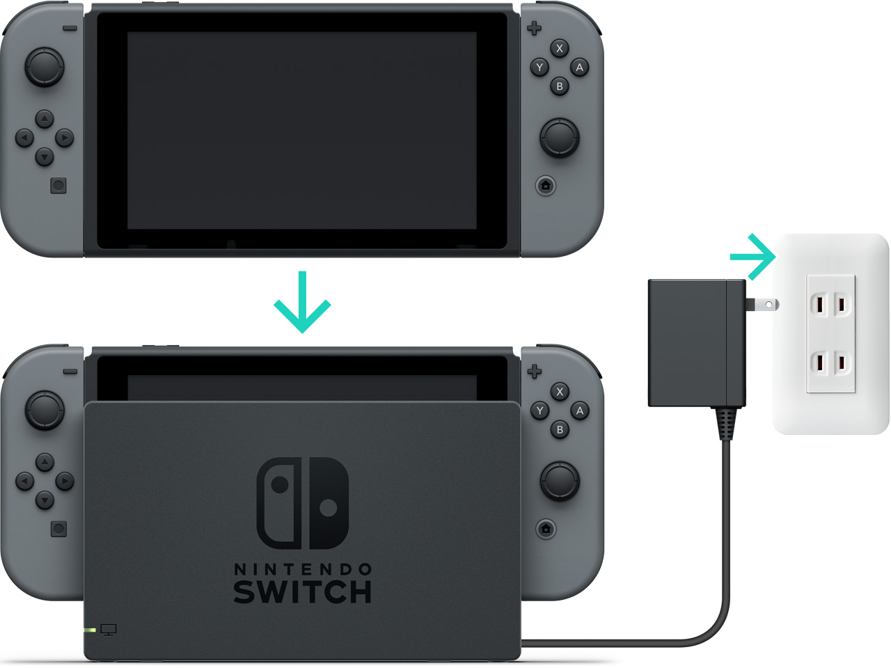 Switch being docked with AC adaptor being plugged in
