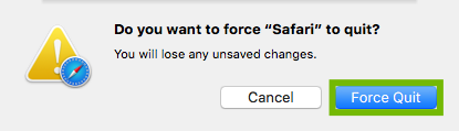 Force Quit dialog with Force Quit button highlighted.