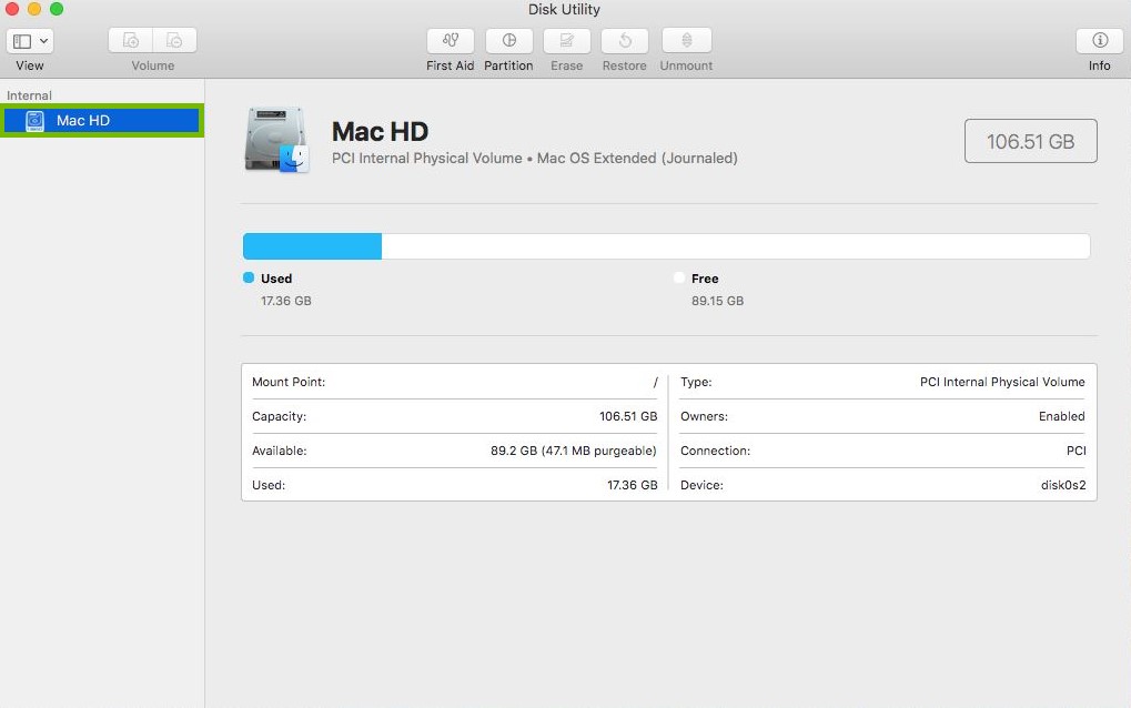 Drive selected on Disk Utility
