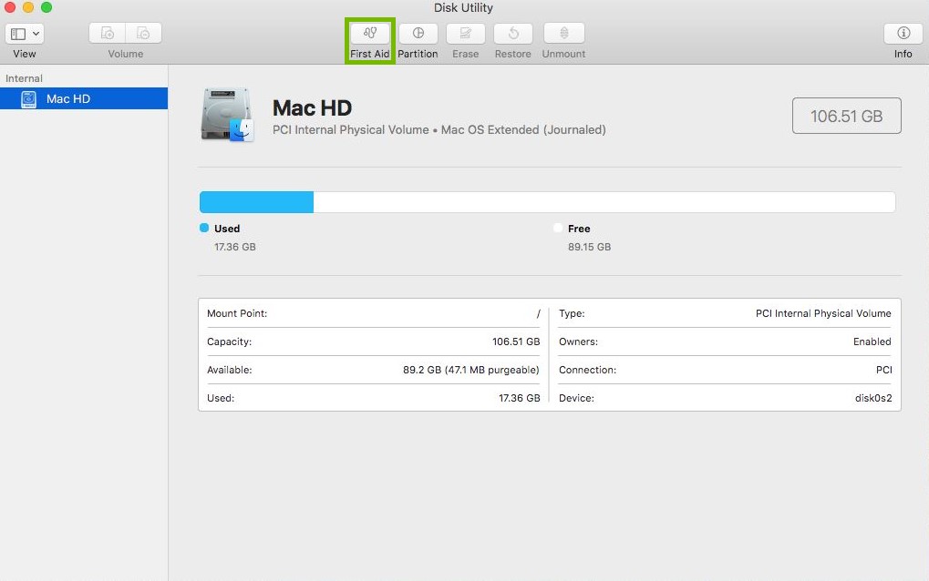 Disk Utility with First Aid button highlighted