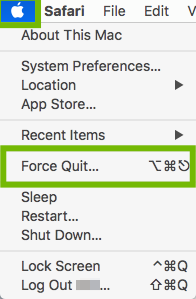 Apple menu with Force Quit highlighted.