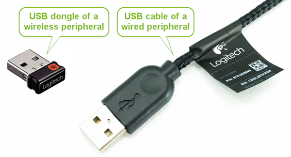 Picture of the end of a USB cable, and USB wireless receiver for peripherals.