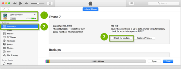 iTunes software with Check for Updates selected within Summary settings.