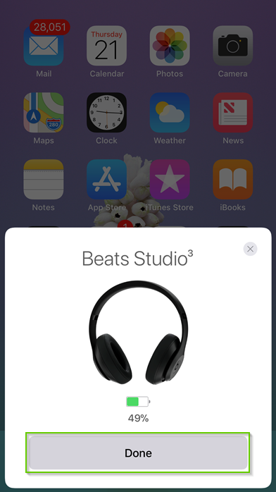 Screenshot of a connected beats headset with the Done button highlighted