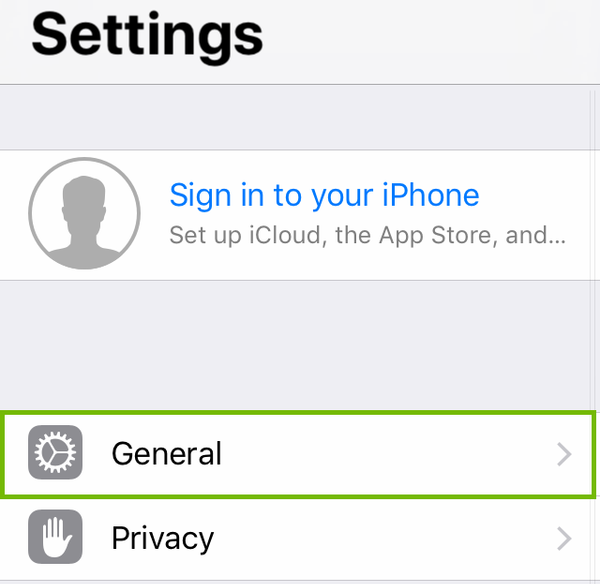 Settings with General highlighted.