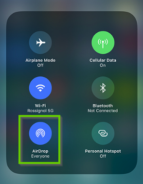 iOS control panel showing the airdrop icon