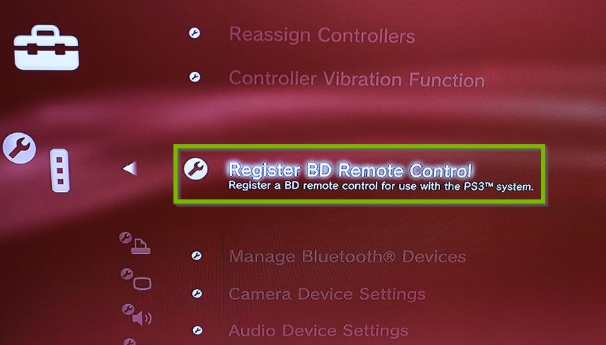Accessory settings with Register BD Remote Control option selected. Screenshot.