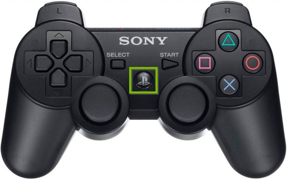 PS3 controller with PS button highlighted.