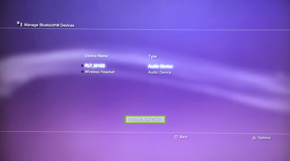 Manage Bluetooth Devices screen with Register New Device selected. Screenshot.