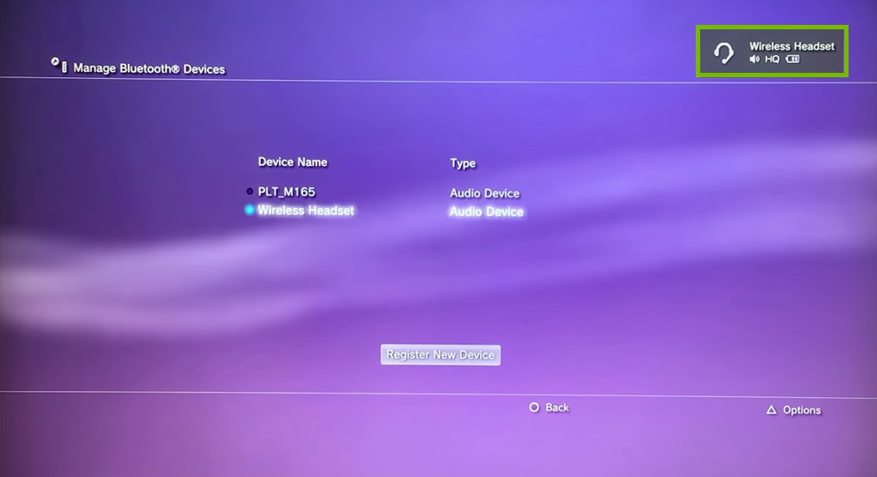 Manage Bluetooth Devices screen with successfully paired device listed in upper right. Screenshot.