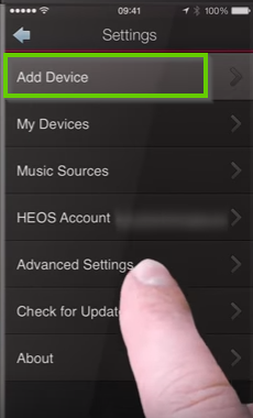 HEOS app settings screen highlighting the add device button.