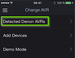 Denon remote app highlighting the detected denon AVRs option.