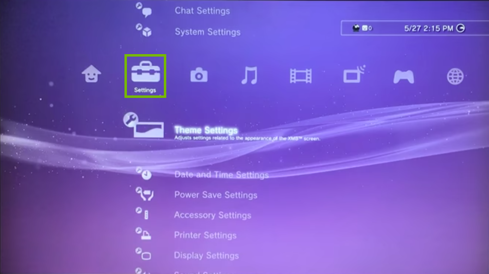 Settings menu. Screenshot.