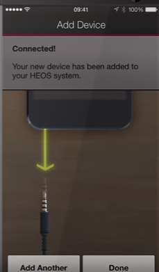 HEOS app displaying a successful connection message.