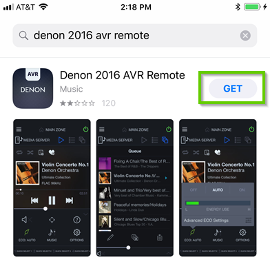Apple app store displaying the denon 2016 AVR remote app, with the get button highlighted.