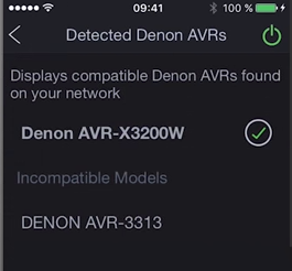 Denon remote app displaying a list of available AVR devices to choose from.