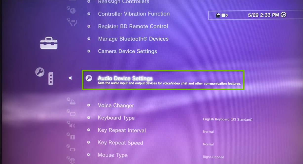 Accessory Settings screen with Audio Device Settings selected. Screenshot.