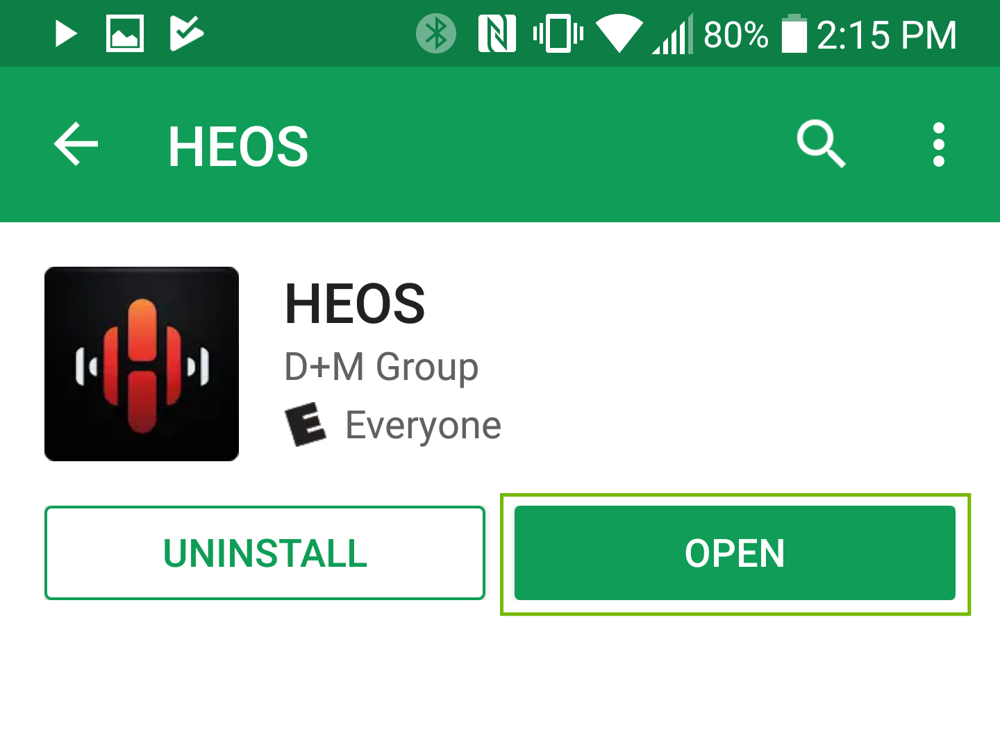 HEOS app page with Open highlighted.