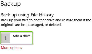 Windows 10 backup settings page showing add a drive highlighted.