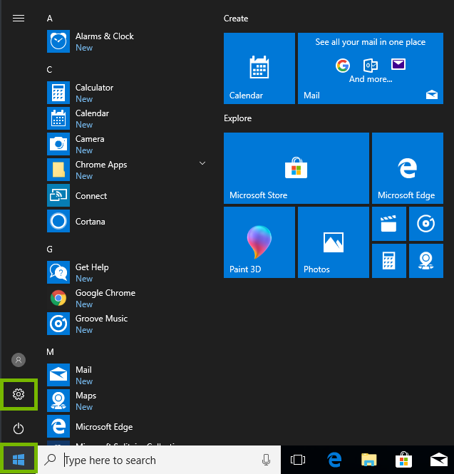 Windows 10 start meny with start and the settings gear selected.