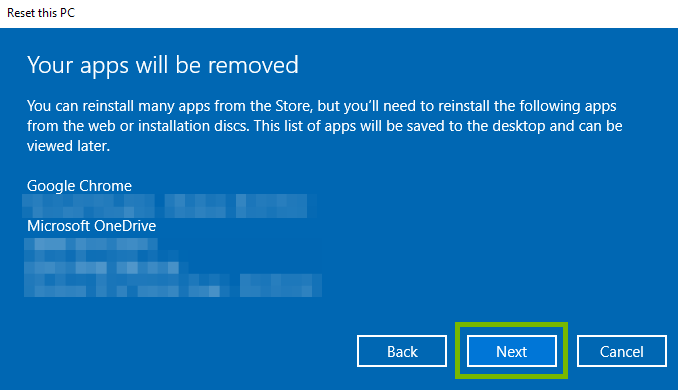 Dialog showing apps to be removed with next button highlighted.