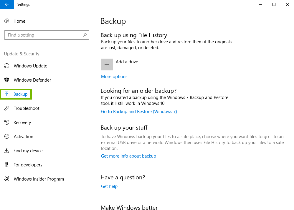 Windows 10 update and security settings page showing backup highlighted on the left side.