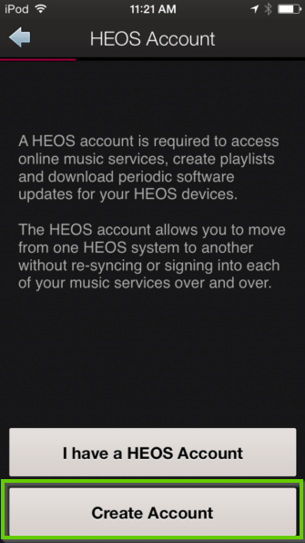 HEOS app prompting the user to log into or create a HEOS account.