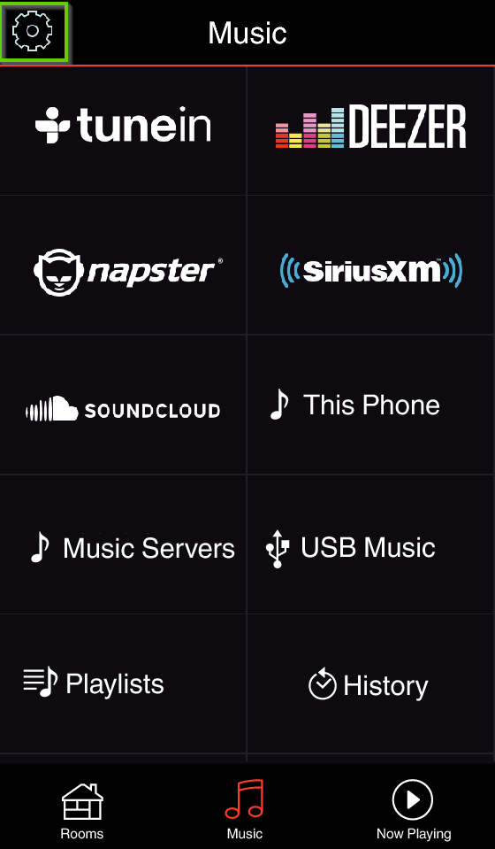 HEOS app music tab highlighting the settings icon.