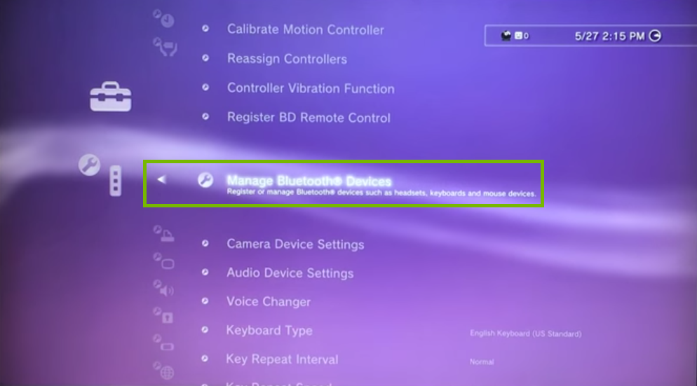 Accessory Settings with Manage Bluetooth Devices selected. Screenshot.