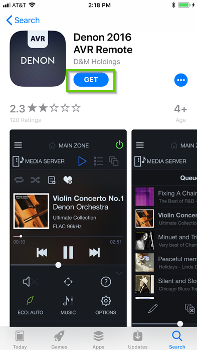 Apple app store displaying the denon 2016 AVR remote app, with the get button highlighted.