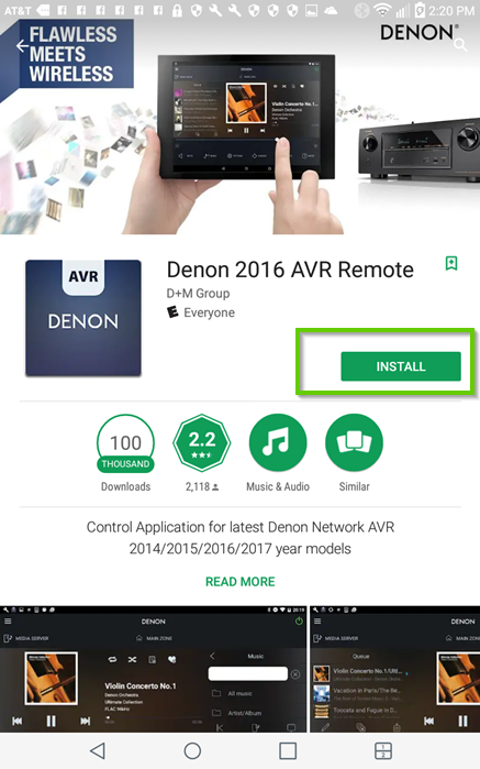 Google Play store app displaying the Denon 2016 AVR remote app, highlighting the install button.