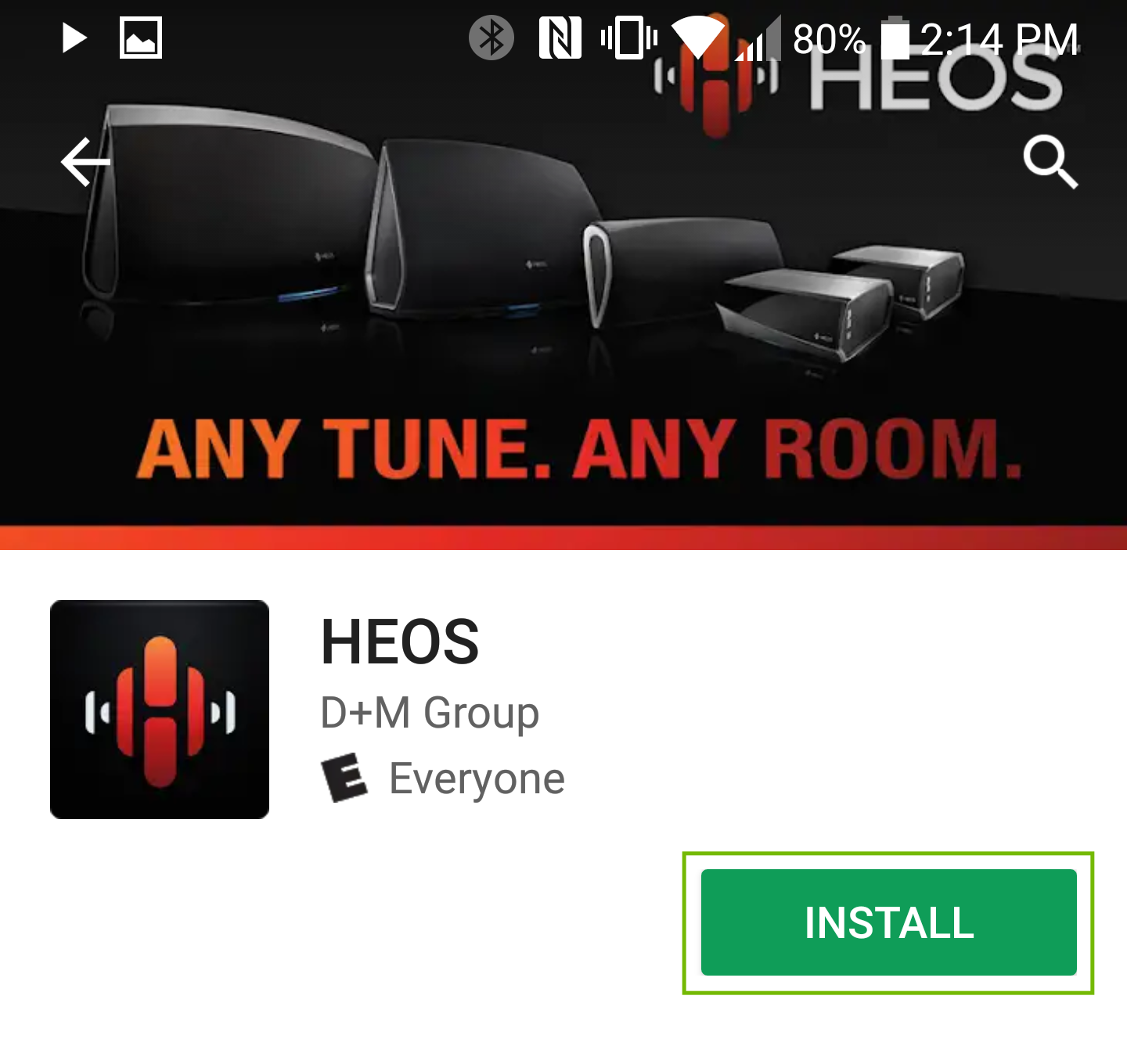 HEOS app page with Install highlighted.