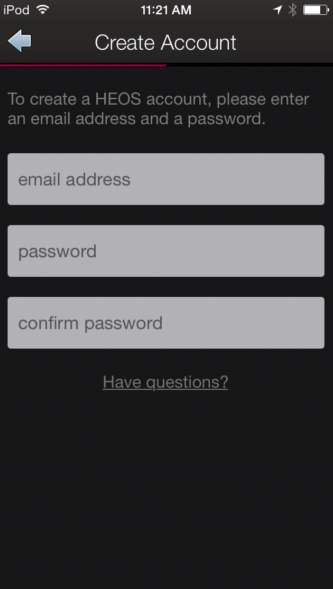 HEOS app create account screen with fields for creating an account.