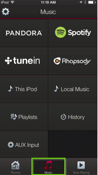 HEOS app highlighting the music tab icon.