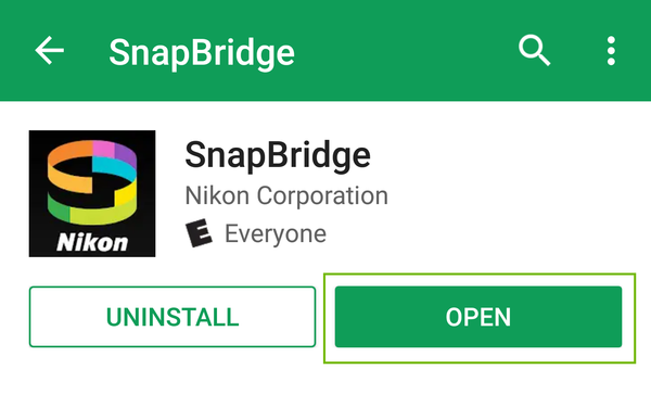 SnapBridge installed with Open button highlighted.
