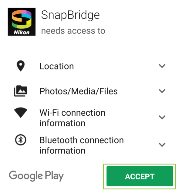 SnapBridge extra permissions with Accept highlighted.