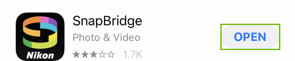 SnapBridge App Store entry with Open highlighted.