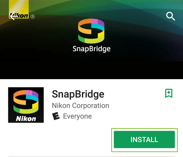 SnapBridge App page with Install highlighted.