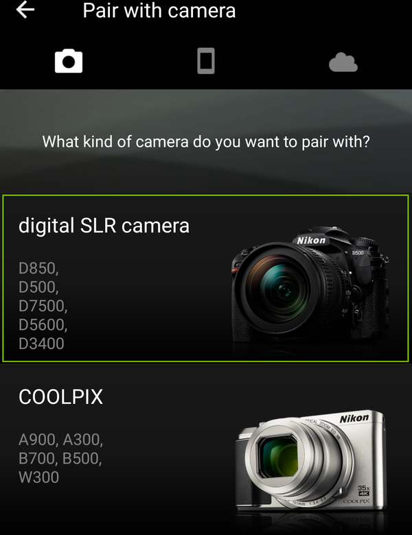 Camera select with digital SLR camera highlighted.