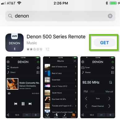Apple app store displaying the Denon 500 series remote app, highlighting the get button.