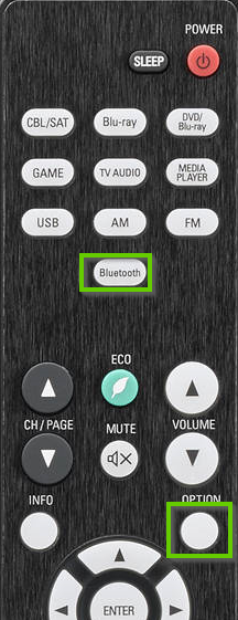 Denon remote showing bluetooth and option buttons