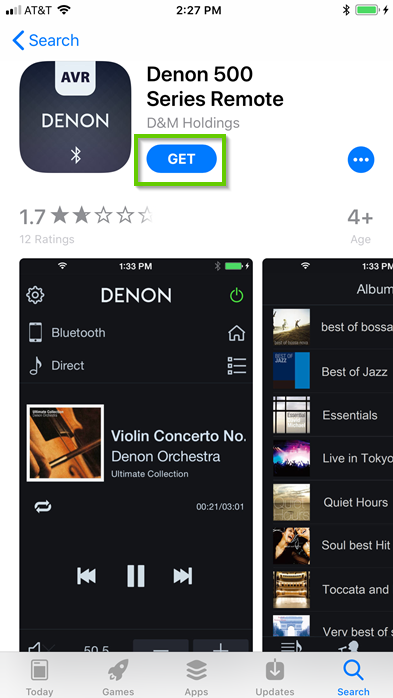 Apple app store displaying the Denon 500 series remote app, highlighting the get button.
