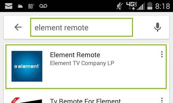 Element Remote App Android Search. Screenshot