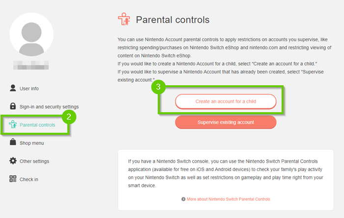 Nintendo Switch user settings screen highlighting the parental controls option and the create an account for a child button.