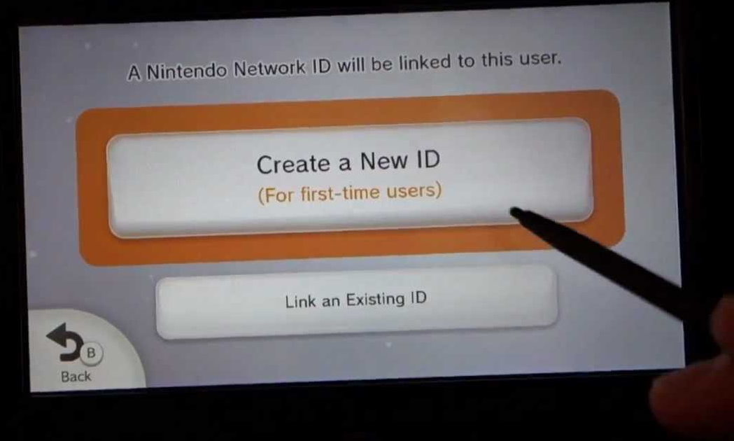 Wii u gamepad screen showing create a new id